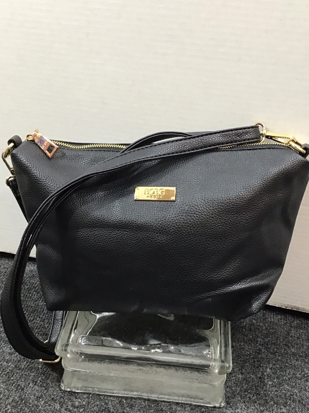 BCBG Paris Black Pebbled faux Leather Crossbody Bag gold hardware